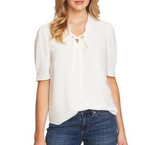 Cece ruffle V neck bow tie Ivory blouse Medium